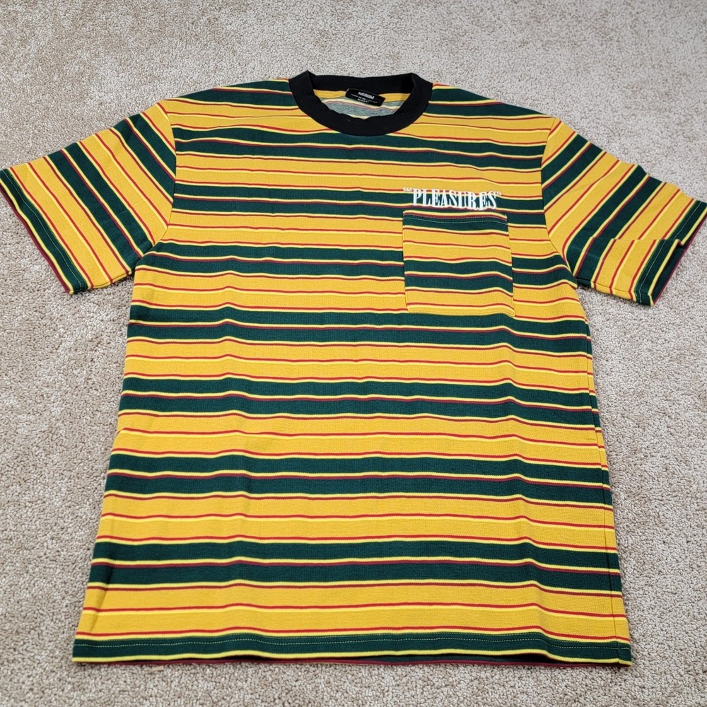 PLEASURES 666 Mens Striped T Shirt Size Medium Chest Pocket Yellow Green